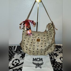 MCM Tan Monogram Shoulder Bag with Floral Scarf